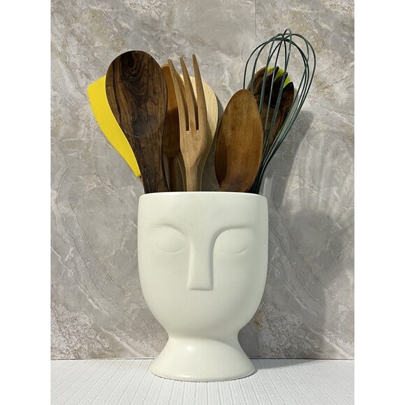 Ceramic Face Head Utensil Crock Pedestal Planter Vase Organizer Etched 3D White - Picture 1 of 16